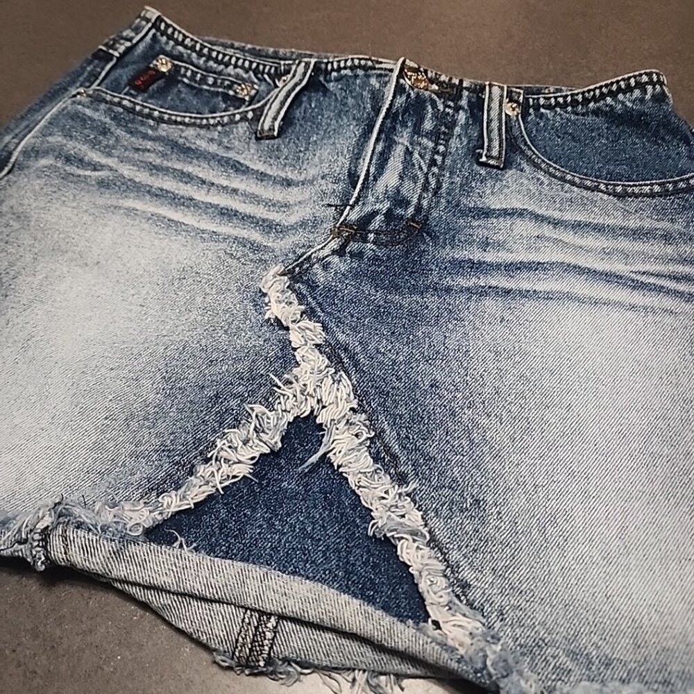 Vintage Y2K Mudd Low Rise Denim Mini Skirt Distressed Frayed Hem Grunge Indie - Picture 2 of 8